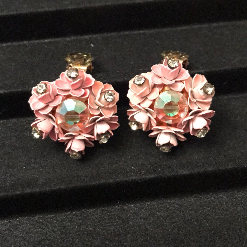 Vintage Porcelain Rhinestone Clip-On Earrings